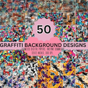 Plus de 50 motifs graffiti, papier numérique, graffiti art sans couture, 300 dpi, usage commercial 12 x 12 po, art urbain, téléchargement immédiat