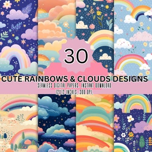 May include: A set of 30 digital papers featuring cute rainbow and cloud designs. The papers are seamless and come in 12x12 inches, 300 DPI.