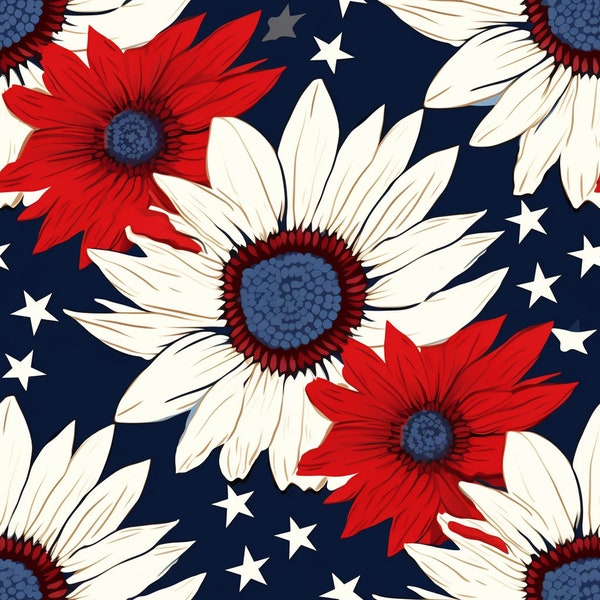 4th of July Seamless Pattern, Patriotic Red White Flowers, Digital Download, Navy Background JPG, High Resolution 300 dpi, USA Flag Colors