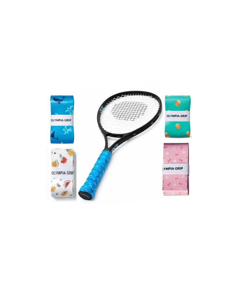 May include: A black tennis racket with a blue grip is displayed with four rolls of Olympia Grip tape. The tape rolls feature various patterns, including sea creatures, fruit, and a pink floral design.