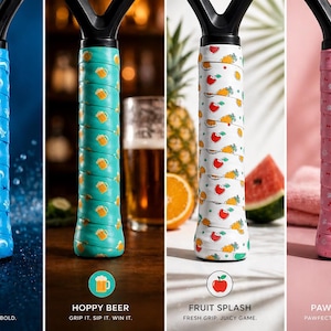 May include: Four tennis racket grips with unique designs. One is blue with ocean-themed graphics, another is teal with beer mugs, a third is white with fruit, and the last is pink with paw prints.