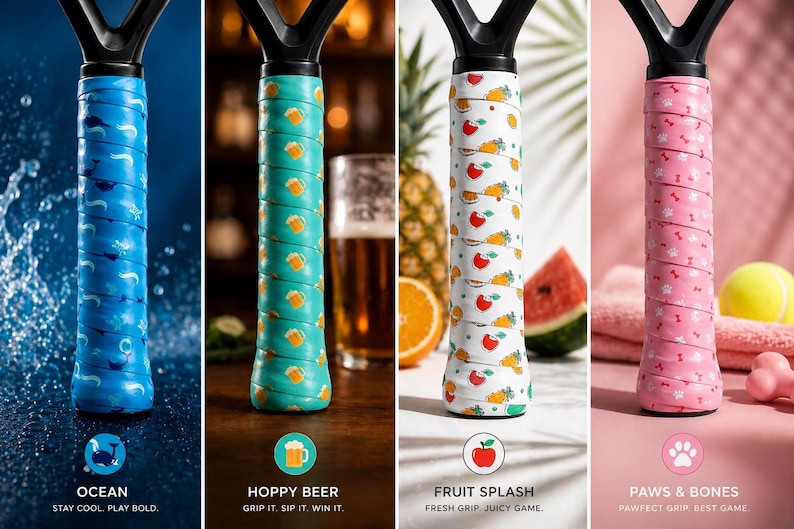 May include: Four tennis racket grips with unique designs. One is blue with ocean-themed graphics, another is teal with beer mugs, a third is white with fruit, and the last is pink with paw prints.