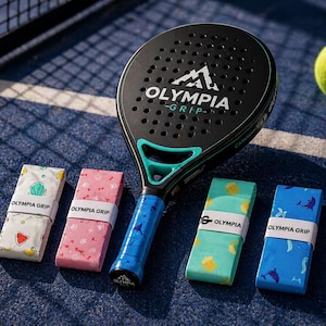 May include: A black and teal Olympia Grip padel racket with a yellow padel ball and four colorful grip tapes. The grip tapes are white, pink, teal, and blue, each with a different pattern. The racket and ball have the Olympia Grip logo.