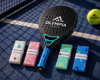 May include: A black padel racket with teal accents and the text OLYMPIA GRIP, a yellow tennis ball with the same logo, and four rolls of grip tape featuring various patterns, including fruit, paw prints, and dolphins, all labeled OLYMPIA GRIP.