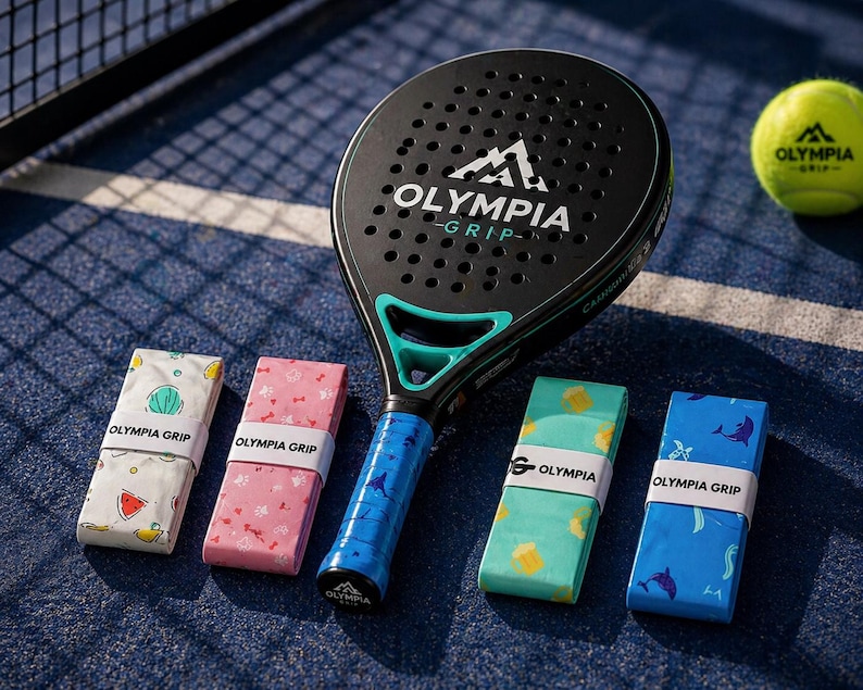 May include: A black and teal Olympia Grip padel racket with a yellow padel ball and four colorful grip tapes. The grip tapes are white, pink, teal, and blue, each with a different pattern. The racket and ball have the Olympia Grip logo.