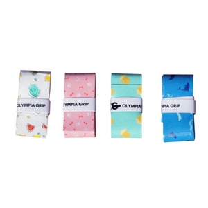 May include: Four colorful grip tapes with various patterns. One is white with a seashell and watermelon design, another is pink with paw prints, a third is teal with a lemon design, and the last is blue with a dolphin design. Each has "OLYMPIA GRIP" printed on it.