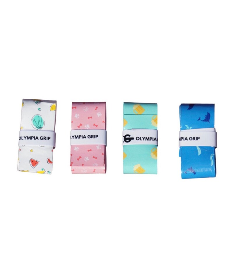 May include: Four colorful grip tapes with various patterns. One is white with a seashell and watermelon design, another is pink with paw prints, a third is teal with a lemon design, and the last is blue with a dolphin design. Each has "OLYMPIA GRIP" printed on it.