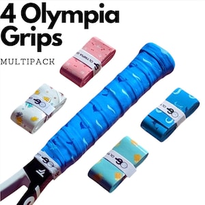 May include: A tennis racket grip with a blue grip and four replacement grips. The replacement grips are pink, white, light blue, and teal, each with a unique pattern. The text "4 Olympia Grips MULTIPACK" is at the top.