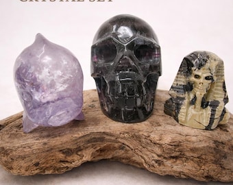 Amethyst Dolphin, Fluorite Skull & Jasper Pharaoh Set, Metaphysical Altar Decor Hand Carved Gift for Collectors, 1701g in Total