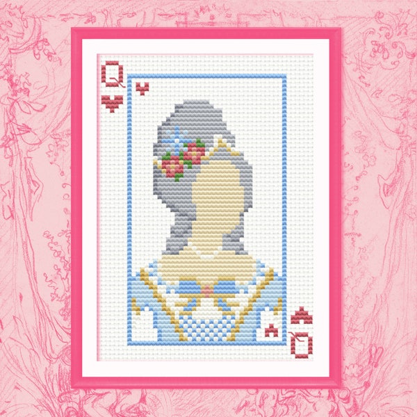 Queen of Hearts Marie Antoinette Cross Stitch Pattern Digital PDF - Rococo, Versailles, French, Coquette, Baroque, Historical, Playing Cards