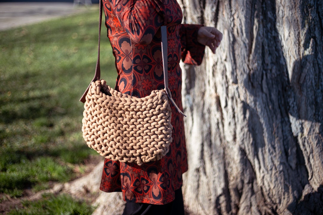 Macramé, Knitted, Crochet, Bag, Camel Color, Brown, Handmade