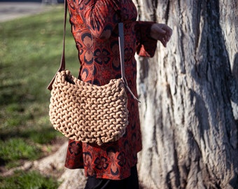 Macramé, knitted, crochet, bag, camel color, brown, handmade