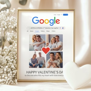 Może przedstawiać: Oprawiony wydruk ze złotą obwódką przedstawia motyw wyszukiwania Google. Zapytanie wyszukiwania brzmi "JUSTIN & CATRIONA's 3rd Valentine's Day together!" ze zdjęciami par. Tekst "HAPPY VALENTINE'S DAY" jest wyświetlany na dole.