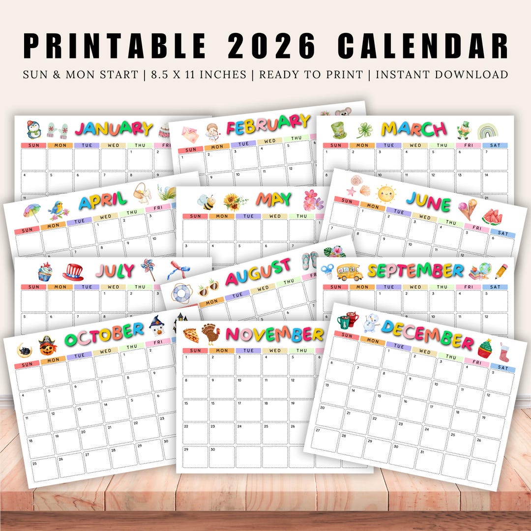 Printable Calendar 2026 for Kids, Cute Kids Calendar 2026, Wall ...