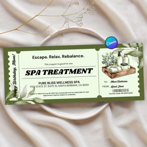 Cupón de día de spa personalizable, certificado de día de spa editable, cupón de regalo para tratamiento de spa, entrada sorpresa para día de spa, cupón de día de spa editable