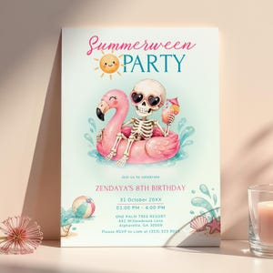 May include: A Summerween Party invitation card featuring a skeleton wearing heart-shaped sunglasses, floating on a pink flamingo pool float while holding a tropical drink. The text includes Zendaya's 8th Birthday, date, time, and location details.