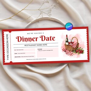 Vale de regalo personalizable para cenas, cupón de reserva editable, tarjeta de regalo para cenas, vale de regalo editable para cualquier ocasión.
