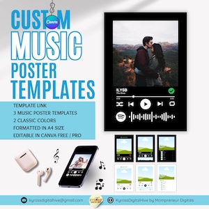 May include: A set of customizable music poster templates featuring a black and white Spotify-style music player with a couple in the background. The templates are editable in Canva and formatted in A4 size. The text "ILYSB The Rose" is visible on the music player.