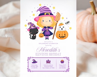May include: A white Halloween-themed birthday invitation card featuring a cartoon witch, a black cat, and a ghost in a pumpkin. The text reads: Join us for a SPELLBINDING CELEBRATION honoring Meredith's ELEVENTH BIRTHDAY, with event details below.