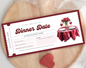 May include: A maroon and white dinner date gift certificate with the words "Dinner Date" in a retro font. The certificate includes space for the recipient's name, a message, and the date and time. A red heart-shaped decoration is also present.