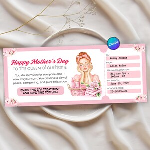 Cupón de día de spa personalizable para mamás, certificado de día de spa editable, cupón de regalo para tratamiento de spa, boleto sorpresa de día de spa, cupón de día de spa