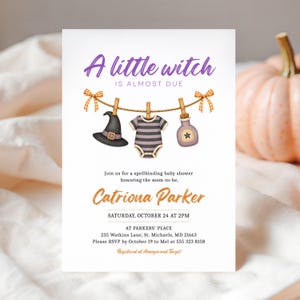 A Little Witch is Almost Due, Witch Baby Shower Invitation Template, Spooky Halloween Theme, Editable Canva Invite