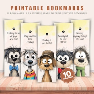 10 Furry Dog Printable Bookmarks, Dog Bookmarks, Printable Bookmarks for Kids, Bookmark Bundle, Dog Lovers Bookmarks, 2x6 Dog Bookmarks