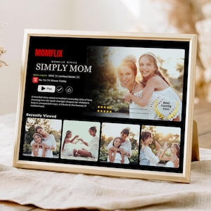 May include: A framed print with the Momflix logo and the title "Simply Mom." The image features a mother and daughter, with additional thumbnails below. The frame is gold-colored, and the background is neutral.