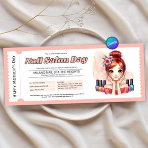 Cupón personalizable para un día de manicura y pedicura para mamás y mujeres. Certificado de regalo editable para manicura y pedicura. Cupón para el día de las uñas.