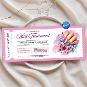Cupón personalizable para tratamientos de uñas para mamás y mujeres, certificado de regalo editable para manicura y pedicura, cupón para el Día de las Uñas, cupón para el Día de las Uñas.