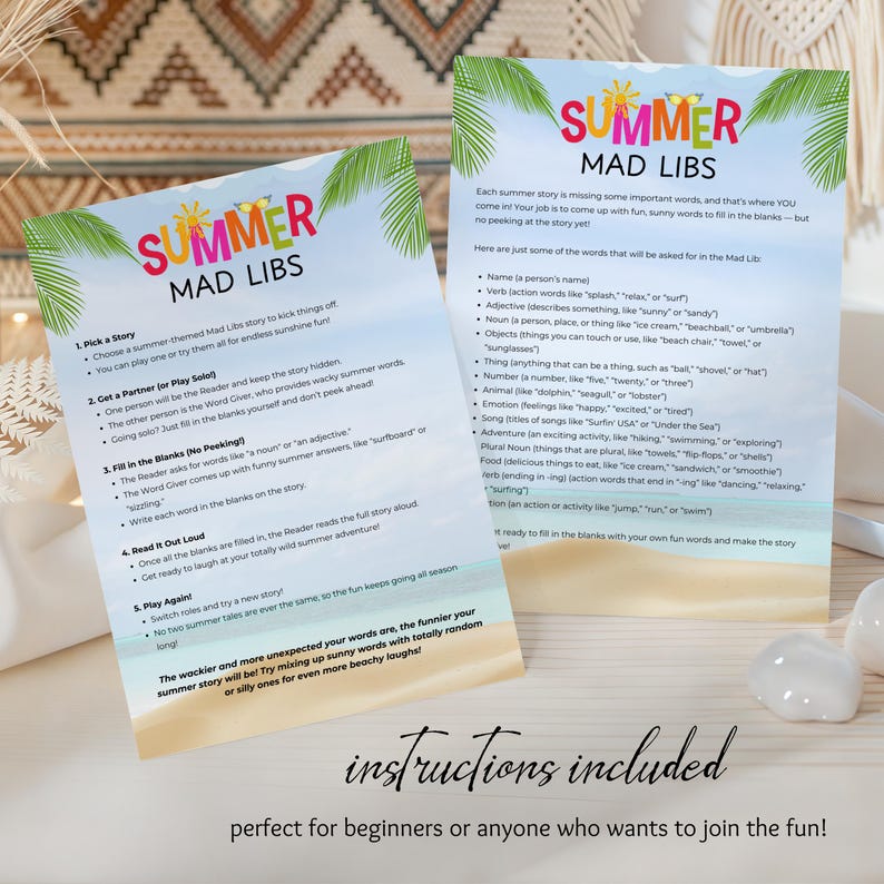 6 Summer Mad Libs, Printable Summer Game for Kids & Adults, Classroom ...