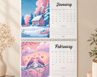 May include: A 2027 wall calendar featuring two monthly pages. The January page shows a pink house in a snowy landscape. The February page displays two birds perched on a branch with pink clouds and hearts. Each page includes a grid and notes section.