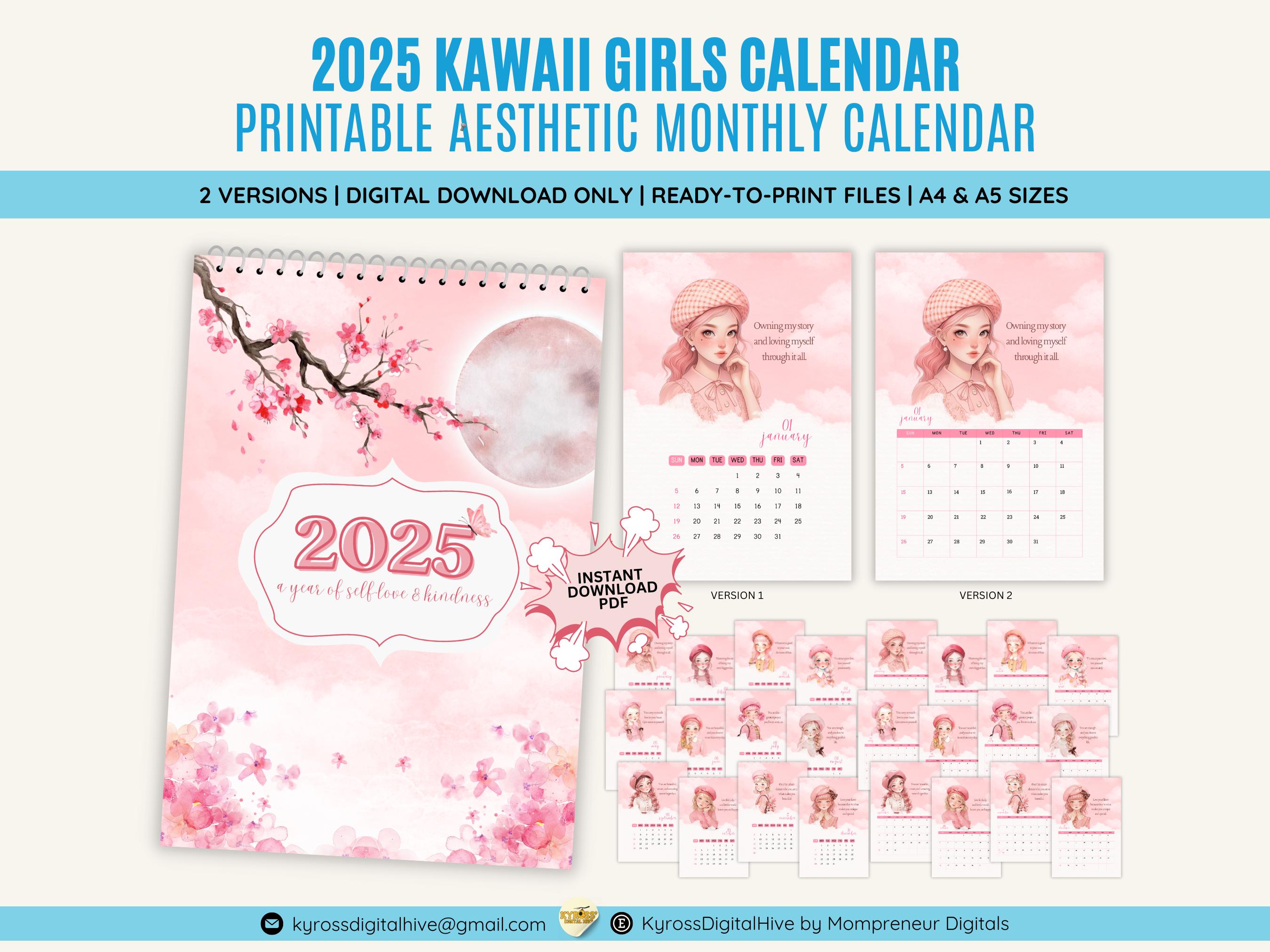 2025 Illustrated Kawaii Calendar Printable Aesthetic 2025 Calendar 2025