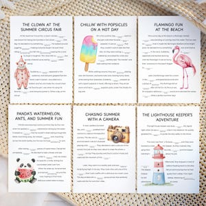 May include: Six illustrated cards with summer-themed stories. The cards feature a clown, a popsicle, a flamingo, a panda, a vintage camera, and a lighthouse. Each card has a title and fill-in-the-blank text.