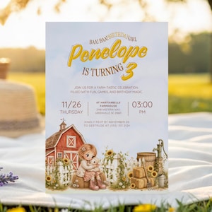 Pode incluir: Um convite de aniversário com um celeiro vermelho, uma criança segurando um cordeiro, girassóis e uma cerca branca. O texto diz: BAA! BAA! BIRTHDAY GIRL Penelope IS TURNING 3, JOIN US FOR A FARM-TASTIC CELEBRATION, 11/26 THURSDAY, 03:00 PM.