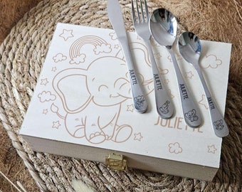 Engraved baby cutlery box with elephant motif