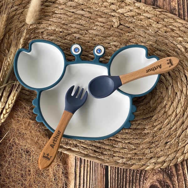 Baby meal set - white crab plate with suction cup and engraved cutlery