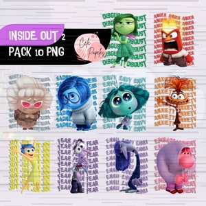 Puede incluir: Un conjunto de 10 imágenes PNG digitales con personajes de la película Inside Out. Los personajes son Alegría, Tristeza, Miedo, Asco, Ira,  Envidia,  Ansiedad,  Vergüenza,  y Nostalgia. Cada personaje está rodeado de un patrón de su palabra de emoción correspondiente.