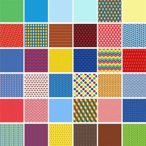 May include: A digital sheet of 36 different patterns in various colors, including red, blue, green, yellow, and white. The patterns include polka dots, stripes, zigzags, and geometric shapes.