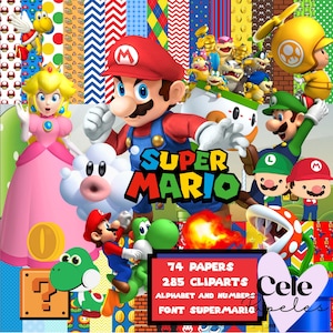 May include: A digital clipart set featuring characters from the Super Mario video game franchise. The set includes 74 papers and 285 clip art images, including an alphabet and numbers. The text "SUPER MARIO" is featured in large, bold letters.