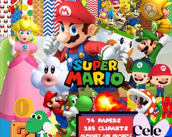 Könnte beinhalten: Ein digitales Clipart-Set mit Charakteren aus der Super Mario-Videospielserie. Das Set enthält 74 Papiere und 285 Clipart-Bilder, darunter ein Alphabet und Zahlen. Der Text "SUPER MARIO" ist in großen, fetten Buchstaben dargestellt.