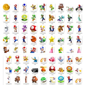 May include: A collection of 198 Super Mario character icons, each with a unique design and number. The icons are arranged in a grid pattern on a white background.