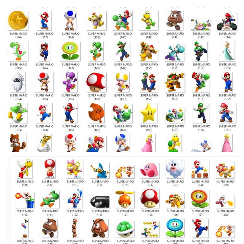 May include: A collection of 198 Super Mario character icons, each with a unique design and number. The icons are arranged in a grid pattern on a white background.