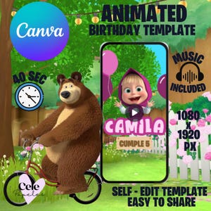 Masha e Orso Invito Video animato, modello CANVA facile da modificare, compleanno
