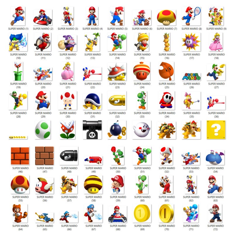 May include: A collection of 72 Super Mario Bros. icons, featuring characters, items, and enemies from the video game series. The icons are arranged in a grid, with each icon labeled with its corresponding number.
