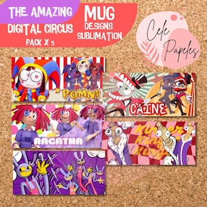 Pode incluir: Um conjunto de cinco designs coloridos para canecas com personagens do circo digital. Os designs incluem Pomni, Caine, Ragatha, Jax e King King. Os designs são perfeitos para sublimação.