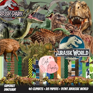 May include: A digital clipart set featuring 40 dinosaur images and 28 patterned papers. The set includes a Jurassic Park logo, a Jurassic World logo, and various dinosaurs, including a Tyrannosaurus Rex, a Velociraptor, and a Triceratops. The set is perfect for creating invitations, party decorations, and other crafts.