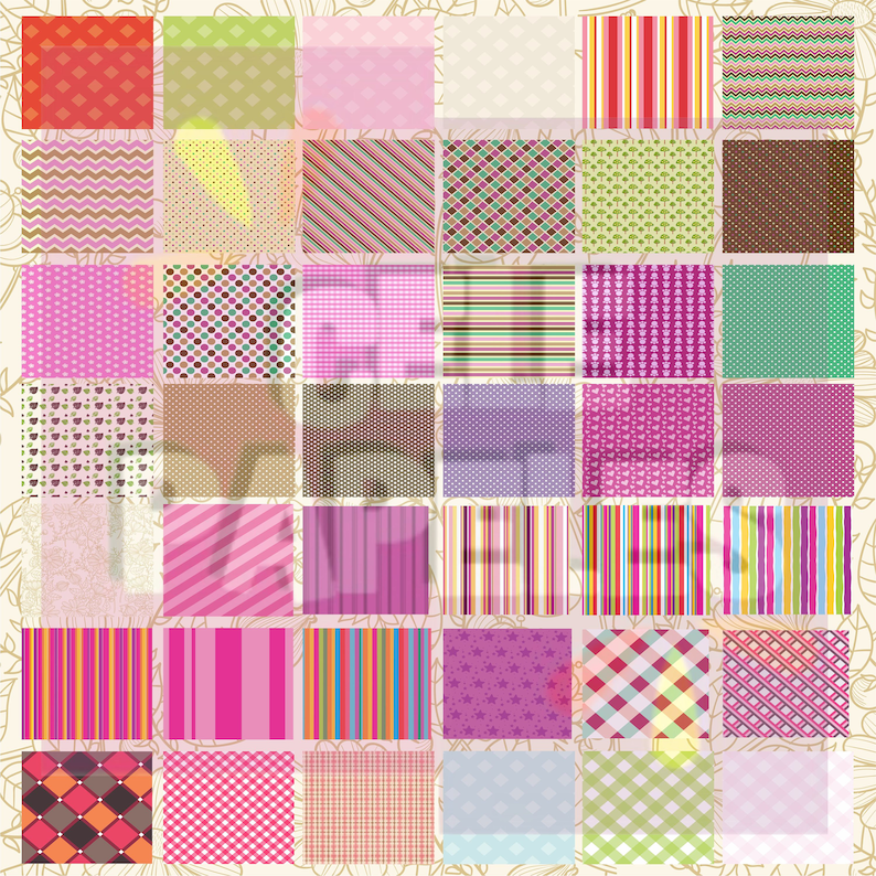 May include: A patchwork design featuring a variety of colorful patterns. The image showcases squares with stripes, polka dots, zigzags, and floral motifs in shades of pink, green, red, and purple. The background has a floral design.