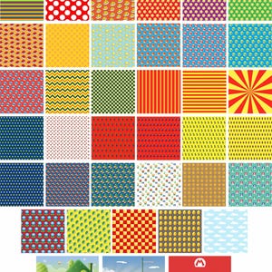 May include: A digital collage of 48 different pixelated patterns, including stripes, polka dots, stars, and geometric shapes. The patterns are in various colors, including red, yellow, blue, green, and white. The patterns are arranged in a grid, and the bottom row features a pixelated landscape with a green hill and a character from a video game.