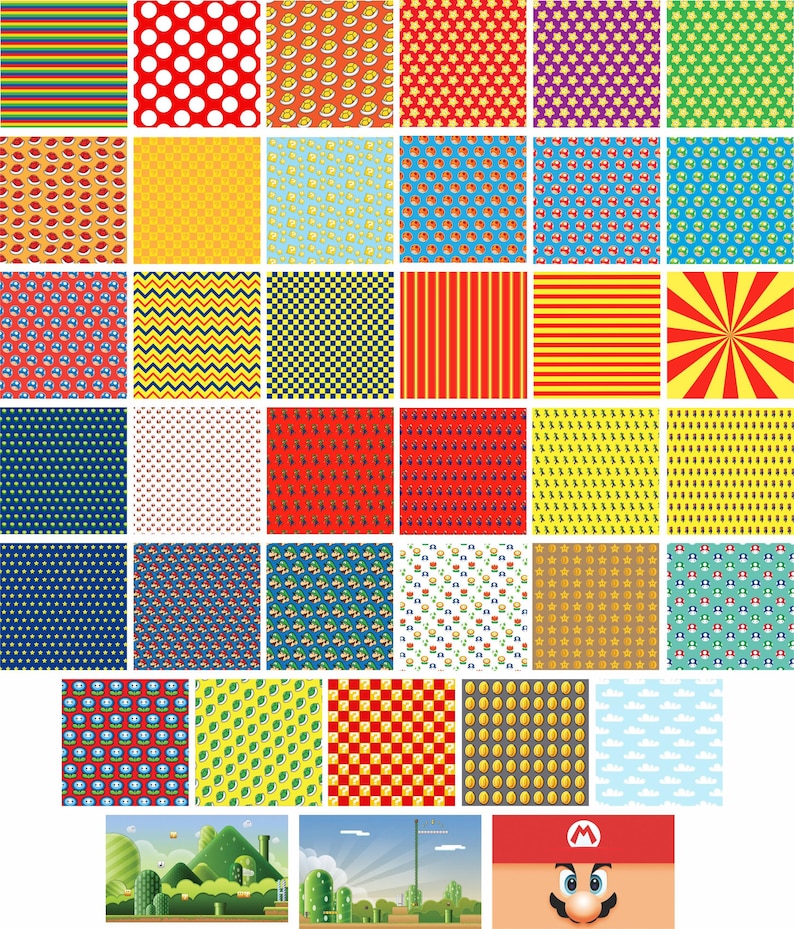 May include: A digital collage of 48 different pixelated patterns, including stripes, polka dots, stars, and geometric shapes. The patterns are in various colors, including red, yellow, blue, green, and white. The patterns are arranged in a grid, and the bottom row features a pixelated landscape with a green hill and a character from a video game.